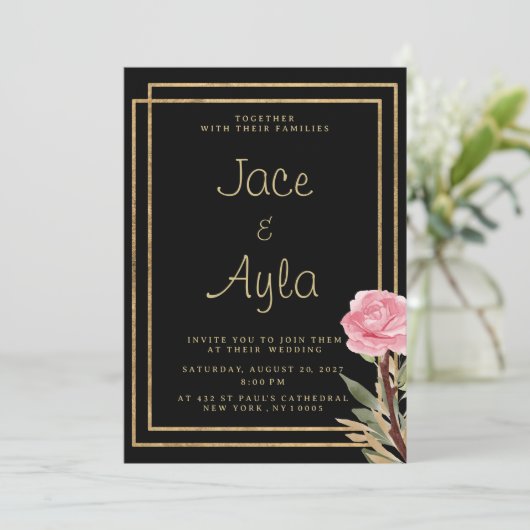 Geometric black gold pink mint flower Wedding 招待状 (スタンド正面)