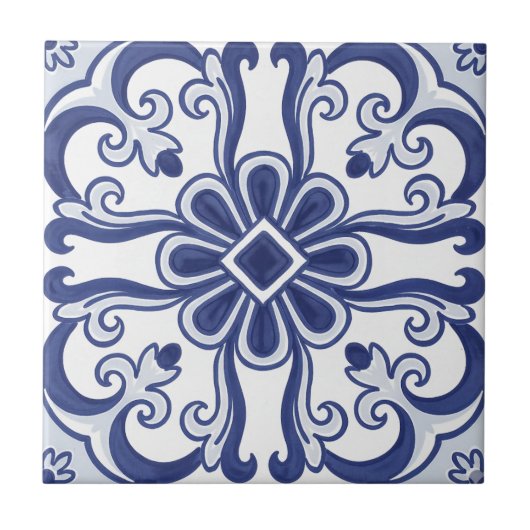 Geometric Blue and White Lisbon Tile Art Coaster タイル (正面)