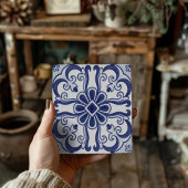 Geometric Blue and White Lisbon Tile Art Coaster タイル