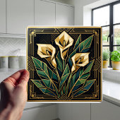 Geometric Calla Lily Art Deco Floral Gold Green  タイル