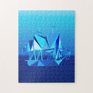Geometric Clipper Ship、モダンCobalt Blue ジグソーパズル