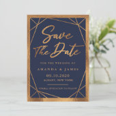 Geometric Cooper金ゴールドとNavy Blue日付を保存 招待状 (スタンド正面)