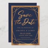 Geometric Cooper金ゴールドとNavy Blue日付を保存 招待状 (正面/裏面)