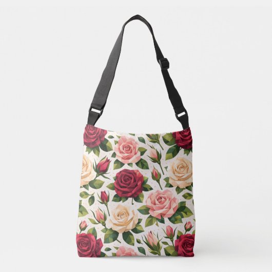 Geometric Cute Rose Pattern Pink Red Peach Floral クロスボディバッグ (正面)