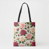 Geometric Cute Rose Pattern Pink Red Peach Floral トートバッグ (正面)
