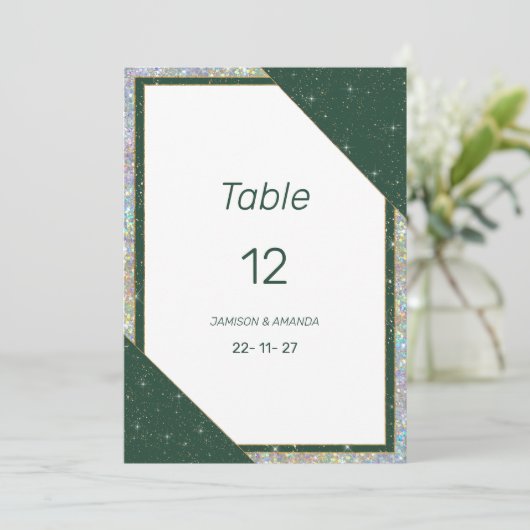Geometric dark green gold sparkle Table Numbers 招待状 (スタンド正面)