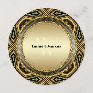 Geometric Deco Gold Black Round Wedding Menu Card メニュー