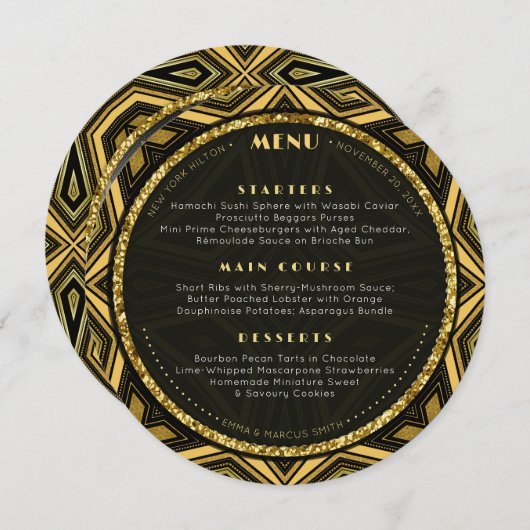 Geometric Deco Gold Black Round Wedding Menu Card メニュー (正面/裏面)
