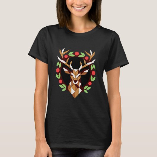 Geometric Deer Wreath Christmas Shirt Tシャツ (正面)
