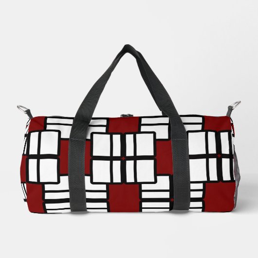 Geometric Design in Deep Red, White & Black ダッフルバッグ (正面)