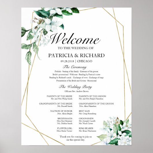 Geometric Floral Greenery Wedding Program ポスター (正面)