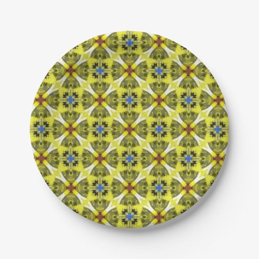 geometric floral pattern in yellow, blue, brown ペーパープレート (正面)