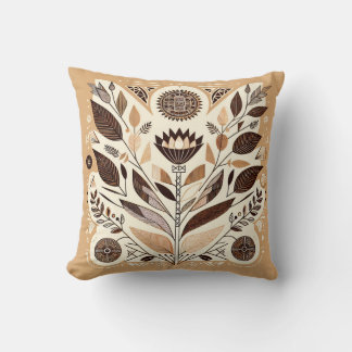 Geometric Folk Art Throw Pillow | Beige & Brown Sy クッション
