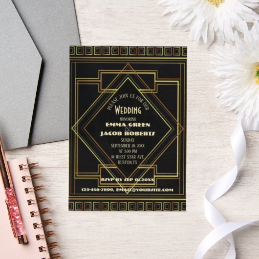 Geometric Gold black great gatsby Art Deco wedding ベラム紙招待状 (ウェディング)