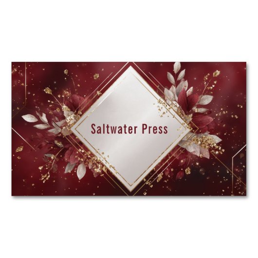 Geometric Gold Diamond Frame Burgundy Floral マグネット名刺 (正面)