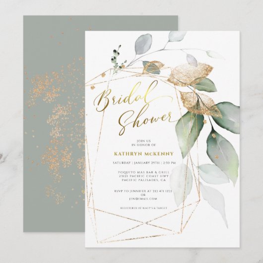 Geometric Gold Eucalyptus Greenery ブライダルシャワー I 招待状 (正面/裏面)