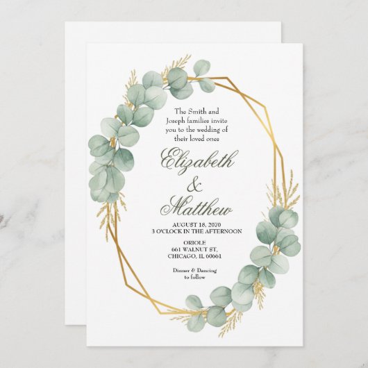 Geometric Gold Eucalyptus Wreath Wedding 招待状 (正面/裏面)