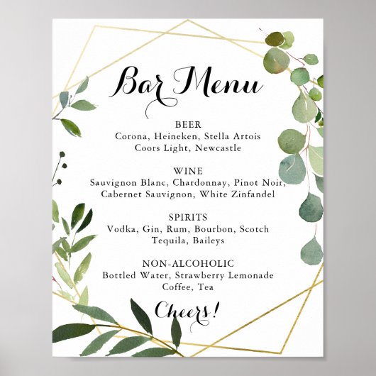 Geometric Gold Tropical Wedding Bar Menu Sign ポスター (正面)