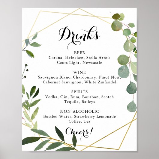 Geometric Gold Tropical Wedding Drinks Menu Sign ポスター (正面)