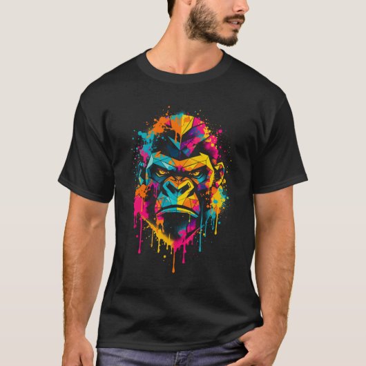 Geometric Gorilla Color Splash Street Art Tシャツ (正面)