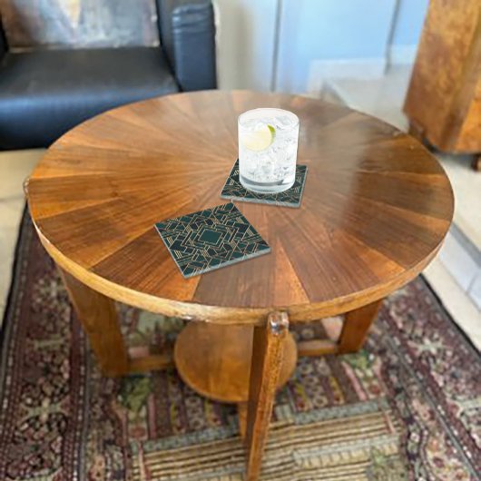 Geometric Green and Gold ガラスコースター