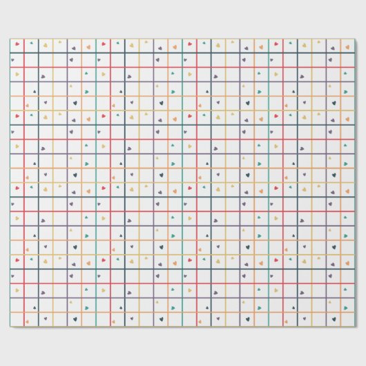 Geometric Grid Pattern with Scattered Hearts ラッピングペーパー (フラット)