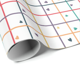 Geometric Grid Pattern with Scattered Hearts ラッピングペーパー