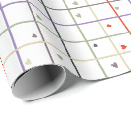 Geometric Grid Pattern with Scattered Hearts ラッピングペーパー