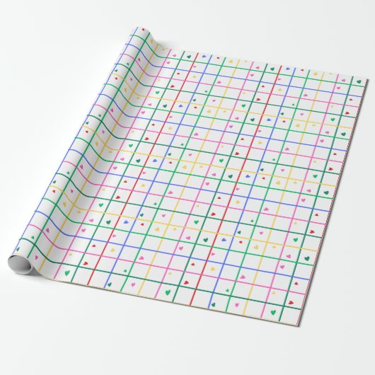 Geometric Grid Pattern with Scattered Hearts ラッピングペーパー (アンロールド)