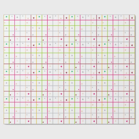 Geometric Grid Pattern with Scattered Hearts ラッピングペーパー (フラット)