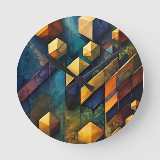 Geometric Harmony: Abstract Cubes in Gold and Teal ラウンド壁時計 (正面)