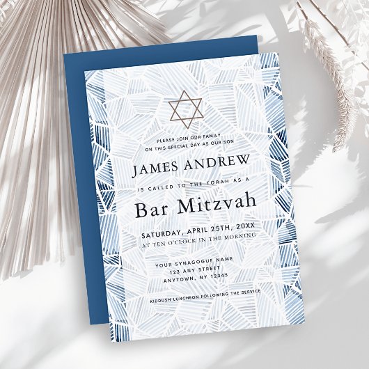 Geometric Indigo Pattern Watercolor Bar Mitzvah 招待状