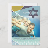 Geometric Lines Blue Star of David Photo Hanukkah シーズンカード (正面)