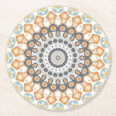 Geometric Mandala in Orange, Gray, and Blue ラウンドペーパーコースター (正面)