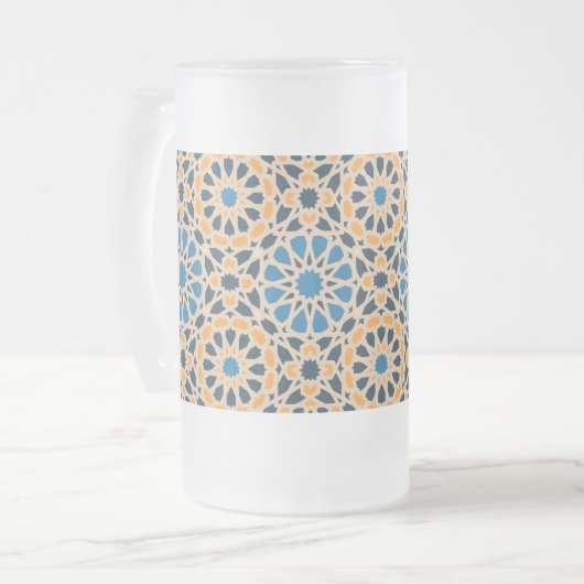Geometric Moroccan Tile & Orange Pattern フロストグラスビールジョッキ (正面左)