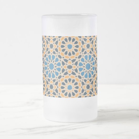 Geometric Moroccan Tile & Orange Pattern フロストグラスビールジョッキ (中央)
