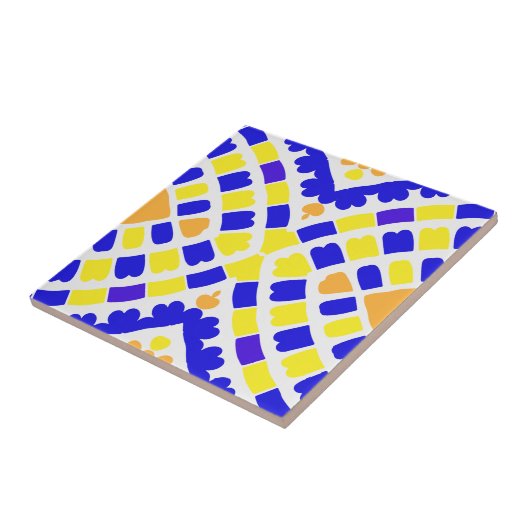 Geometric Mosaic Blue Orange Yellow Pattern  タイル (側面)