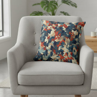 Geometric Mosaic in Blue and Red クッション