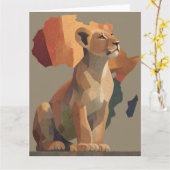 Geometric Mosaic Lioness with Stylized Africa Map  カード (黄色い花)