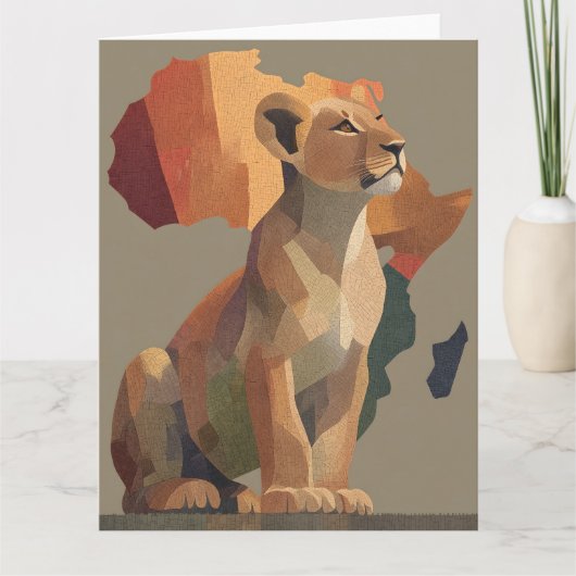 Geometric Mosaic Lioness with Stylized Africa Map  カード (正面)