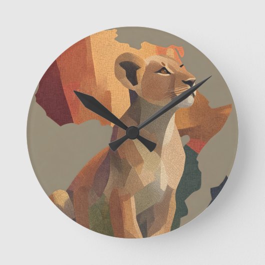 Geometric Mosaic Lioness with Stylized Africa Map ラウンド壁時計 (正面)