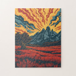 Geometric Mountain Peaks and Red Field Graphic Art ジグソーパズル