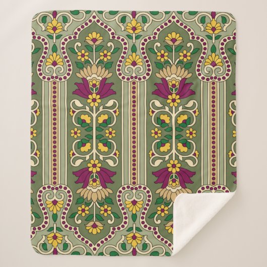 Geometric Mughal Paisley pattern on green backgrou シェルパブランケット (正面)