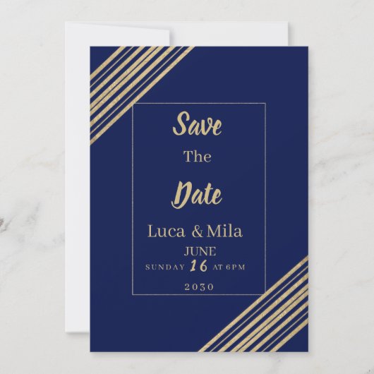 Geometric navy blue gold typography Save the Date 招待状 (正面)