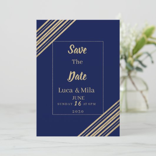 Geometric navy blue gold typography Save the Date 招待状 (スタンド正面)