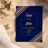 Geometric navy blue gold typography Save the Date 招待状