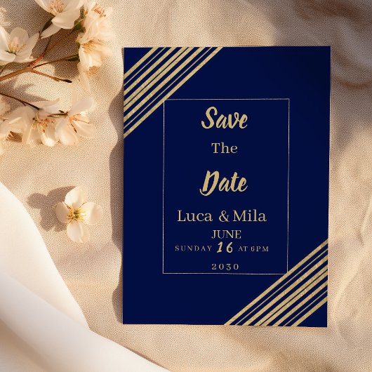 Geometric navy blue gold typography Save the Date 招待状
