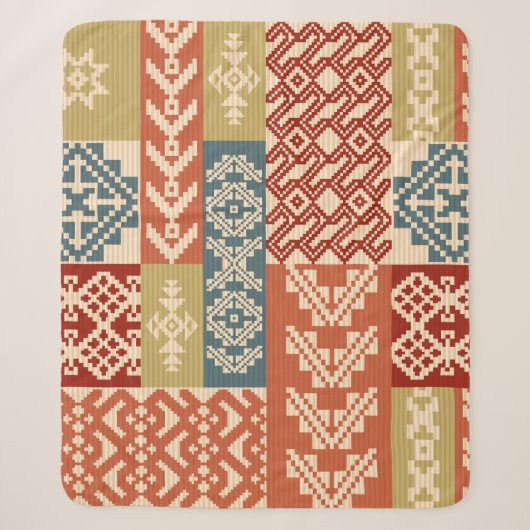 Geometric patchwork ornamental ethnic pattern シェルパブランケット (正面)