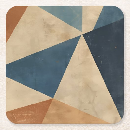 Geometric Pattern in Blues, Tans, and Rust スクエアペーパーコースター (正面)