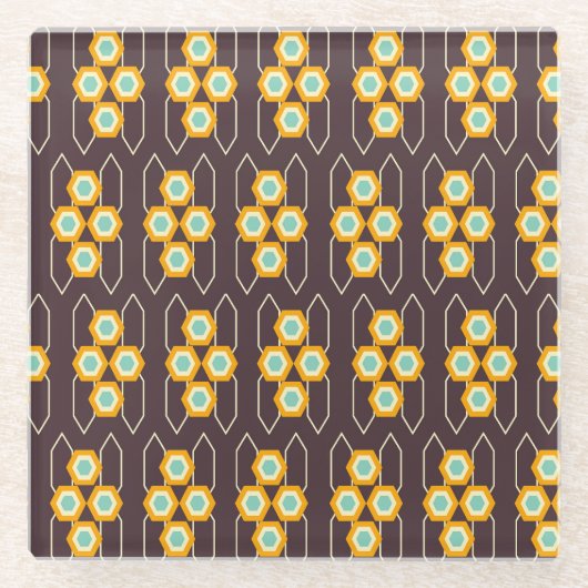 Geometric pattern with orange and blue hexagons ガラスコースター (正面)